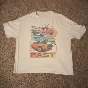 SHEIN White Graphic 'Fast' Short Sleeve Tee with Retro Cars